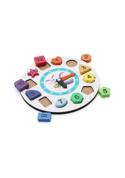 Zhltoys Ahşap Tavşan Geometrik Saat Oyuncak Bultak Renkli Saat