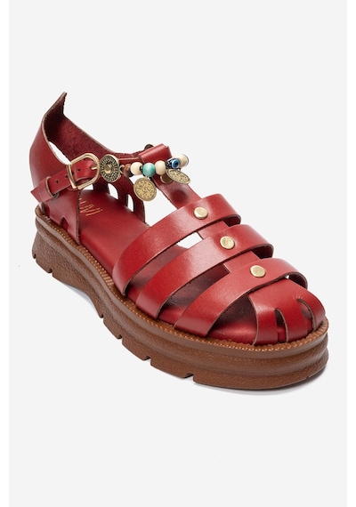 Luvi Shoes Solıs Kırmızı Hakiki Deri Boncuklu Kadın Sandalet