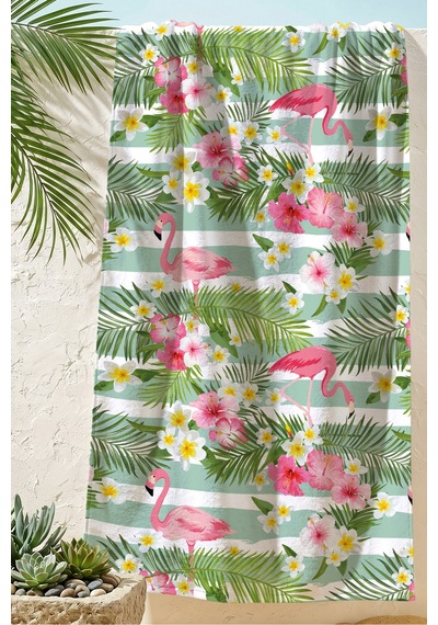 Flamingo Tropikal Çiçekli Plaj Havlusu - Mint Pembe Marine Çizgili Hızlı Kuruyan Mikrofiber Havlu Çok Renkli