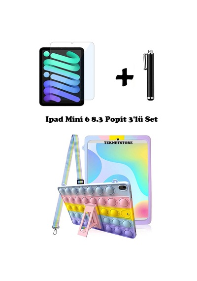 Apple Uyumlu iPad  Mini 6 8.3 İnç Kılıf Popit Askılı Stand Koruyucu Eğlenceli 3'lü Set A2567 A2568 Kılıf