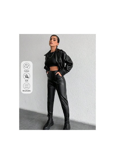 Kene Jeans Kadın Siyah Dar Paça Deri Pantolon Siyah