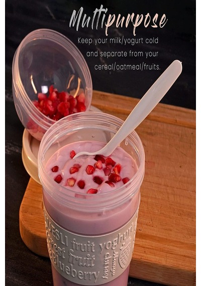 Beyaz Take N Go Kaşıklı Hazneli Meyveli Yoğurt Kabı Piknik Atıştırmalık Müsli Granola Süt Bardak