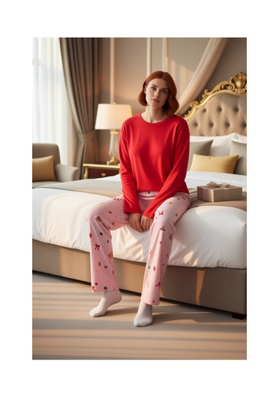 Ersefa Kadın Yılbaşı Desenli Pamuklu Pijama Takımı Fonksiyonel Dayanıklı Kırmızı - Ekru