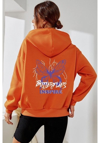 Uyguntarz Unisex Butterfly & Letter Graphic Baskılı Sweatshirt Turuncu