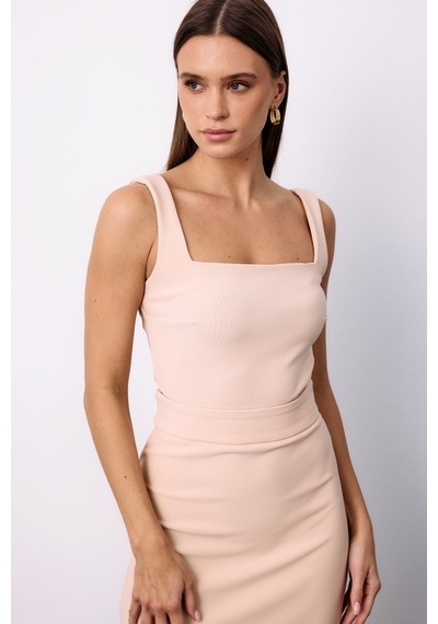 Sateen Kare Yaka Crop Bluz - Bej
