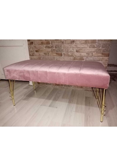 Modern Çizgi Model Puf Ayakucu Bench Gold Metal Ayak 100 Cm Beyaz