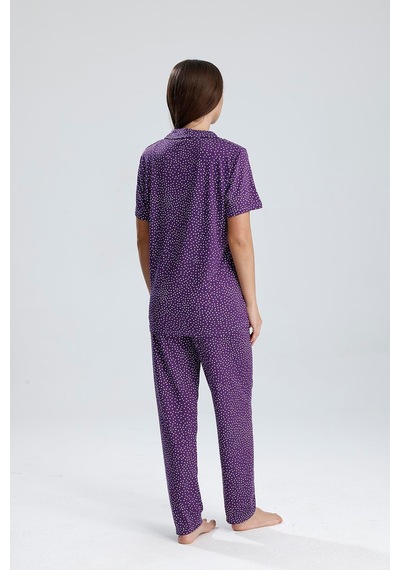 Kompedan Kadın Puantiye Desen Önden Düğmeli Pijama Takım Mor P. Mor