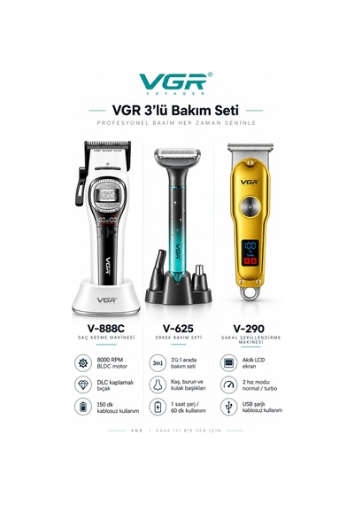 V-888c Clipper V-290 Trimmer V-625 Bakım Kiti - 3'lü Berber Seti