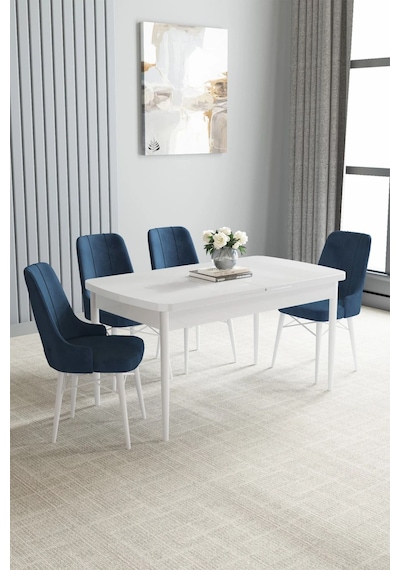 Zümra Serisi, Beyaz 80x132 Açılabilir Mdf Mutfak Masası Takımı 4 Adet Sandalye, Lacivert Zümra Serisi, Beyaz 80x132 Açılabilir Mdf Mutfak Masası Takımı 4 Adet Sandalye, Lacivert