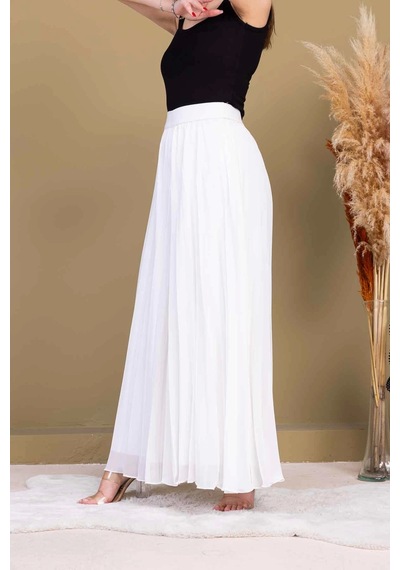 Lodmela Beli Lastikli Pliseli Şifon Pantolon 6030-beyaz Beyaz