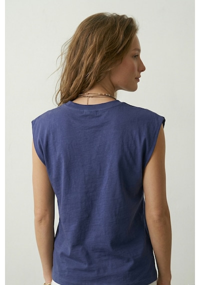 Elemge %100 Pamuk Süprem Tok Kumaş Kadın Oversize İndigo T-shirt Geniş Omuzlu Dökümlü Kolsuz Bol Kalıp