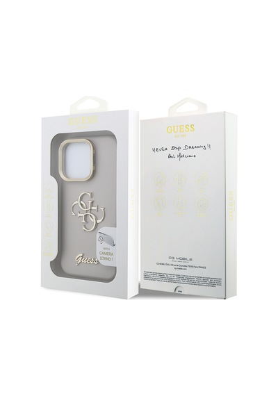 Apple Uyumlu iPhone 16 Pro Max Kılıf Guess Lisanslı Grained Yazı Logolu Kamera Standlı Kapak Bej