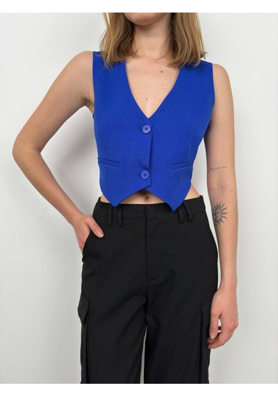 Vuvutasarım Yeni Sezon Düğme Detaylı Crop Kadın Saks Yelek 23s12005 Saks Mavi
