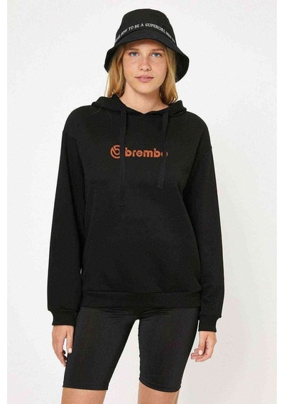 Brembo Logo Baskılı Siyah Kadın Kapşonlu Sweatshirt