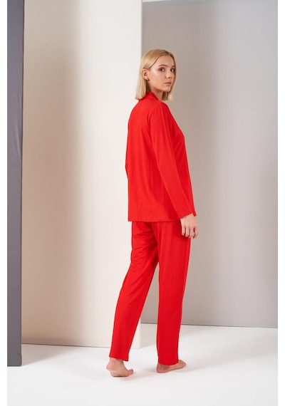 Pjs Kadın Gömlek Yaka Önden Düğmeli Uzun Kollu Pijama Takım Kırmızı