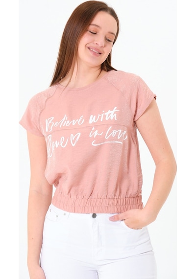 Sortie Collection Reglan Kollu Yazı Baskılı Beli Lastikli Bluz Pembe