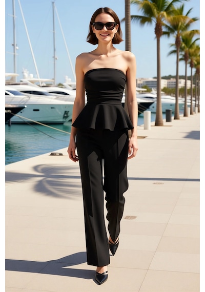 Benerly Kadın Straplez Peplum Detaylı Geniş Paça Uzun Örme Takım Soft Tou siyah