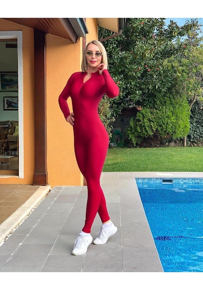 Lismina Bordo Uzun Kollu Spor Tayt Tulum