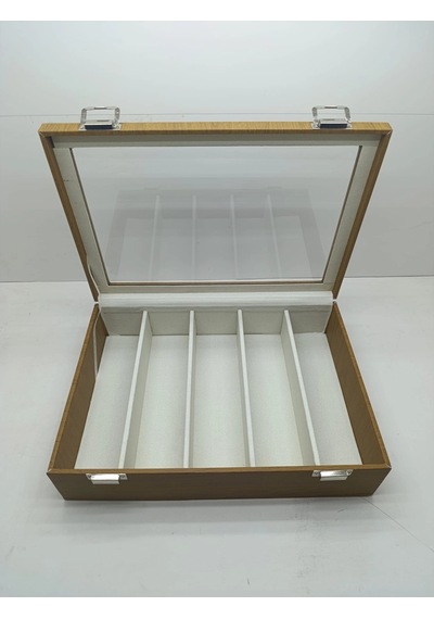 Cam Kapaklı Deri Kumaş Kahve-beyaz Renk 34 Cm / 24 Cm 5 Bölmeli Gözlük Sergileme Standı