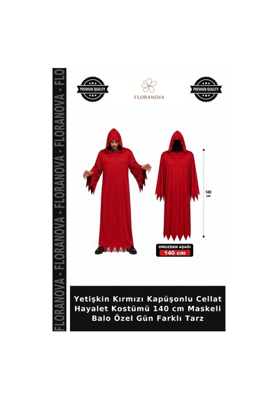 Yetişkin Kırmızı Kapüşonlu Cellat Hayalet Kostümü 140 Cm Maskeli Balo Özel Gün Farklı Tarz