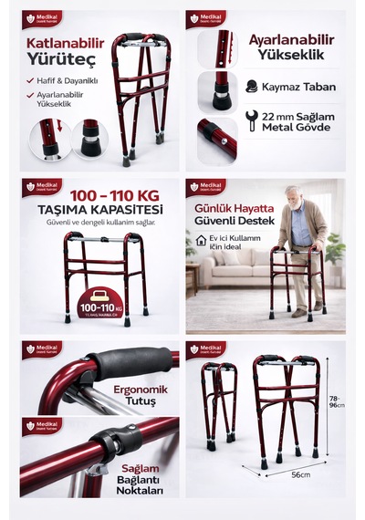 Eylux Hasta Yürüteci Walker Yürüteç 4 Ayaklı Metal 22 Mm Yürüteç Ayarlanabilir Boy Walking Aid Product