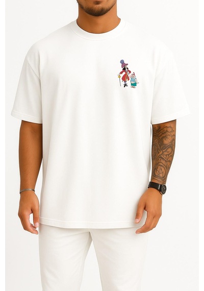 Bahriyeli Collection Oversize Tinker Bell Captain Hook Peter Pan Smee Poster Cep Ve Sırt Tasarımlı Unisex T-shirt Beyaz