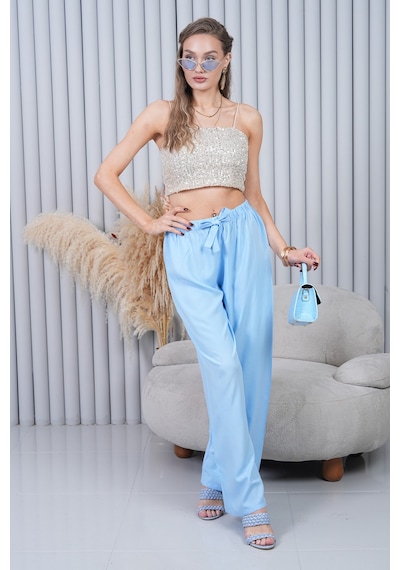 Polologin Butik Beli Bağcıklı Yüksek Bel Bol Paça Açık Mavi Pantolon Mavi
