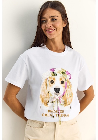 Shade Kadın Baskı Ve Payet Detaylı Fiyonklu Basic T-shirt 7643 60286115 - Beyaz