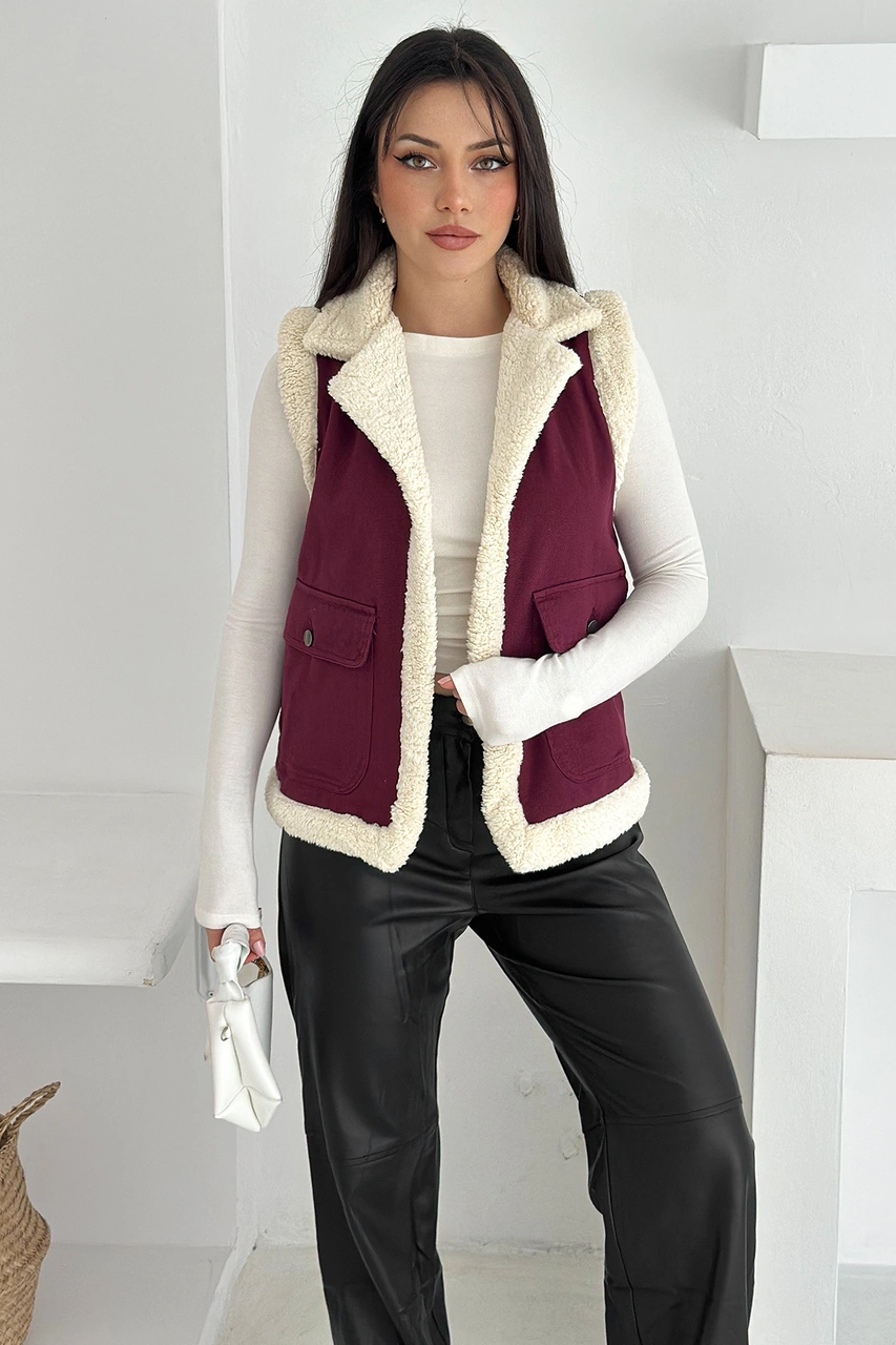 Noa & Noa Kadın Peluş Kenarlı Cepli Yelek Kontrastlı & Kışlık Stil Bordo