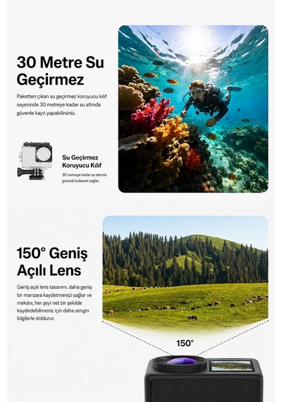 5k Aksiyon Kamerası Wi-fi 50mp Çift Ekran Su Geçirmez Kılıflı Vlog Kamerası Eıs Imx386 Sensörlü Genel