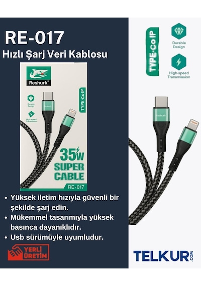 Ferro Reshurk Re-017 Type-c & Lightning 35w Metal Uclu 1000cm 3,1a Hasır Kablo