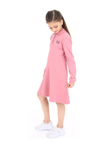 Toontoy Kız Çocuk Polo Yaka Çıtçıtlı Göğsü Baskılı Elbise Gülkurusu