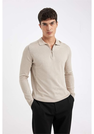 Defacto Standart Fit Normal Kesim Fermuarlı Polo Yaka Triko Kazak D0621AX24AU Bej