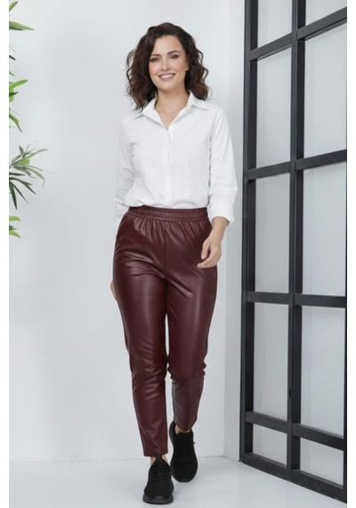 Hb Harma Time Butik Kadın Beli Lastikli Cepli Deri Bordo Pantolon Bordo Bordo