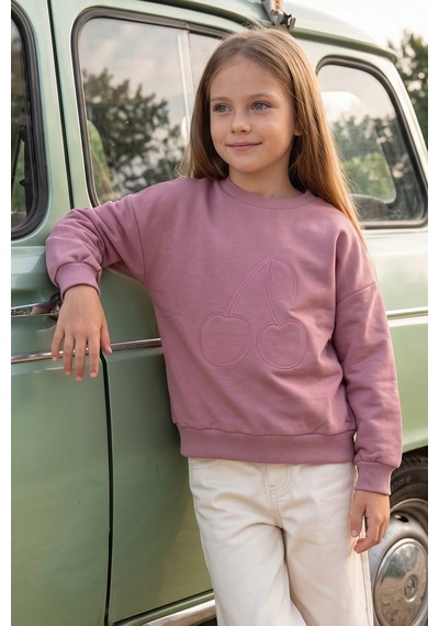 Fullamoda Kiraz Nakışlı Bisiklet Yaka Kız Çocuk Sweatshirt Gül Rengi