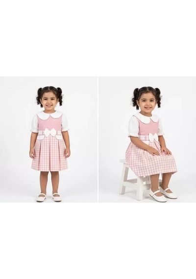 Veraura Lifestyle 1/4 Yaş Kuğu Yakalı Ekose Çocuk Elbisesi Pembe