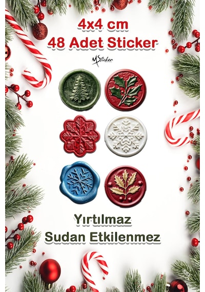 Yılbaşı Mühür Sticker 4x4 - 48 Adet - Suya Dayanıklı Yeni Yıl Yılbaşı Sticker, Hediye Paketi Süsü