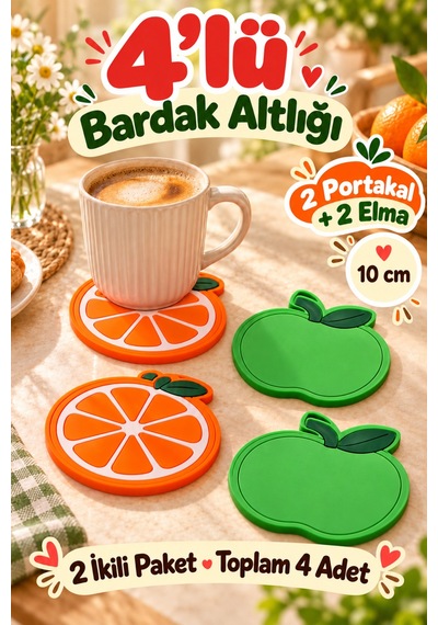 4'lü Portakal Elma Desenli Bardak Altlığı Seti 10 Cm Kahve Çay Fincan Altlığı Renkli Sunum Aksesuarı Çok Renkli