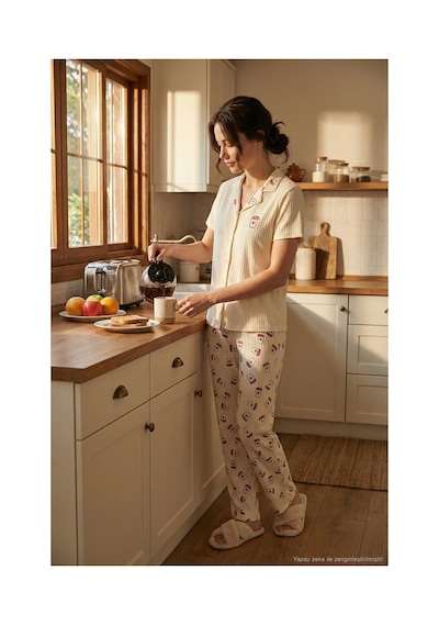 Lela Regular Fit Gömlek Yaka Kısa Kollu Bayan Pijama Takımı 65740102 Bej-Pembe
