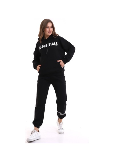 Winmoda34 Oversize Eşofman Takımı Boyfriend Baskılı Bol Kalıp Siyah