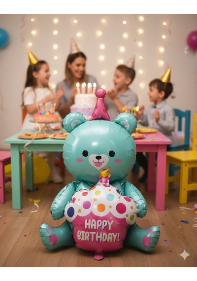 92x73 Cm Folyo Balon Oturan Ayı Cupcakeli Yeşil Parti Ve Doğum Günü Balonu Çok Renkli