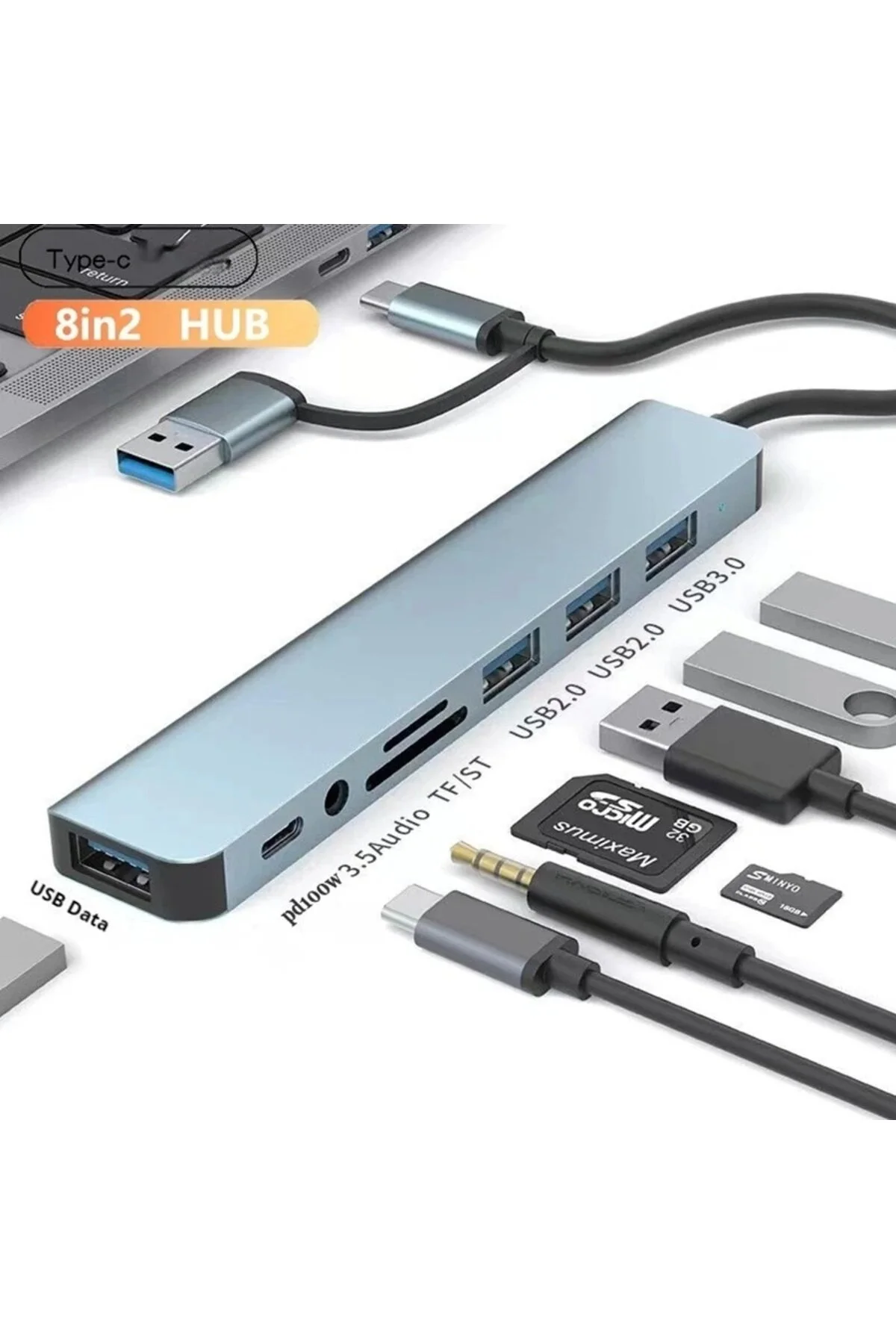 8 İn 2 Dönüştürücü Usb-c & Usb 3.0 Hub Çoklayıcı Usb Type-c Sd/tf Ve Aux Çevirici Güncel Versiyonlu