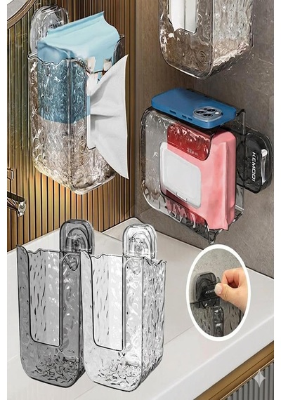 Islak Mendil Tutucu Raf Duvar Tipi Banyo Organizer Yapışkanlı Şeffaf Pratik Mendil Rafı Beyaz