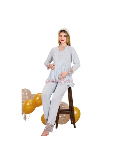 Lady Dantel Detaylı 33204 Uzun Kol 2 Parça Lohusa Hamile Pijama TakımıBebe Mavi Renkli
