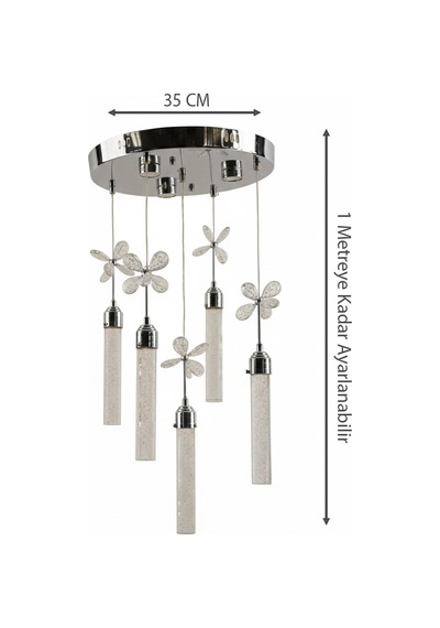 Gümüş İnce Jöle Çemberli Serisi Kelebekli 5li Silindir Modern Led Avize