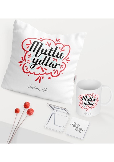 Kişiye Özel Yılbaşı Mutlu Yıllar Temalı Beyaz Kupa Ayna Yastık Se N11.819
