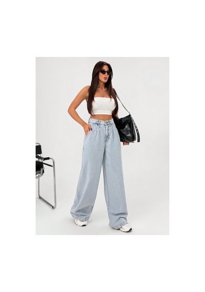 Kene Jeans Yüksek Bel Buz Kar Ön Arka Pensli Ön İşlemli Baggy Bol Paça Jeans Buz Kar