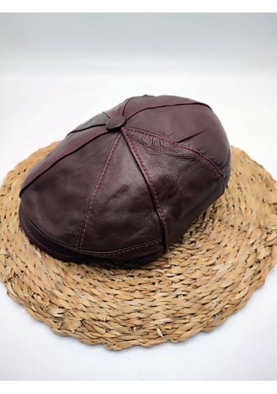 Deri Şapka Unisex Bordo Renk Siyah