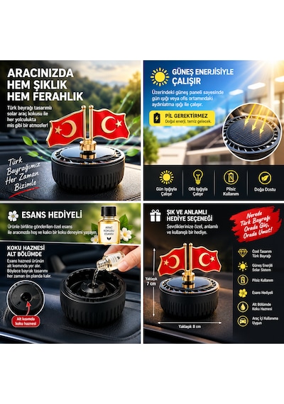 Türk Bayrağı Tasarımlı Güneş Enerjili Torpido Üstü Araç Kokusu Metal Bayrak Pilsiz Solar Oto Koku Esans Koku Hediyeli 1 Adet