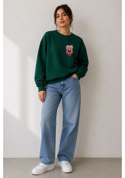 Herkesemoda Karakter Baskı Detaylı Şardonlu 2 İplik Bisiklet Yaka Sweatshirt Yeşil